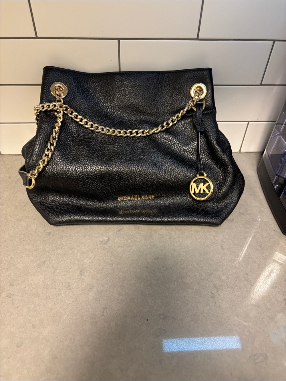 Michael Kors Black Pebbled Leather Shoulder Tote with Gold Chain